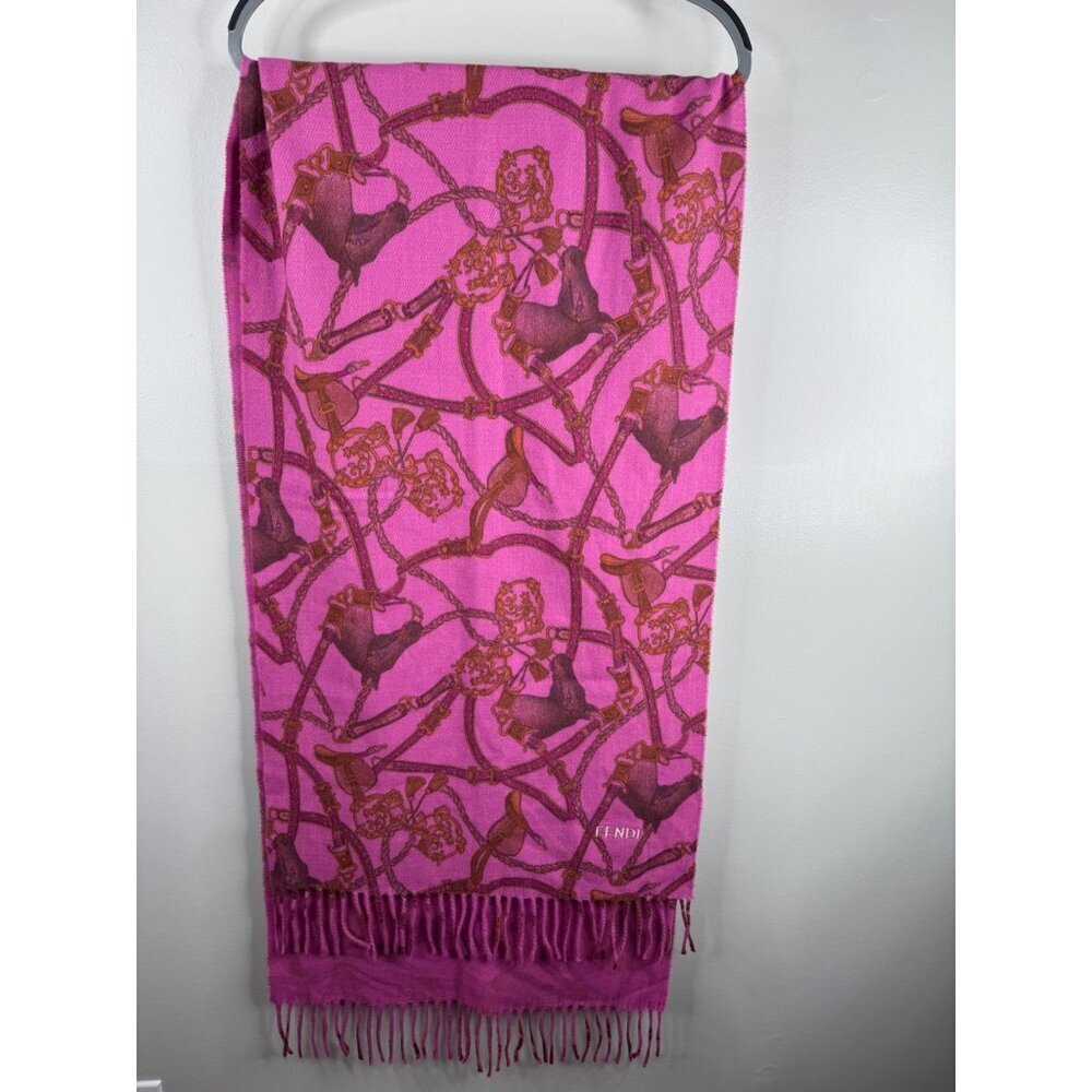 Fendi Equestrian Horse Print Fringed Scarf Fuchsia & Brown - Picture 5 of 12